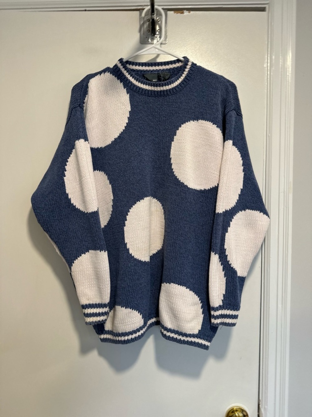 VTG Liz Wear oversized Cotton knit sweater Sz:M Dusty blue large white polka dot